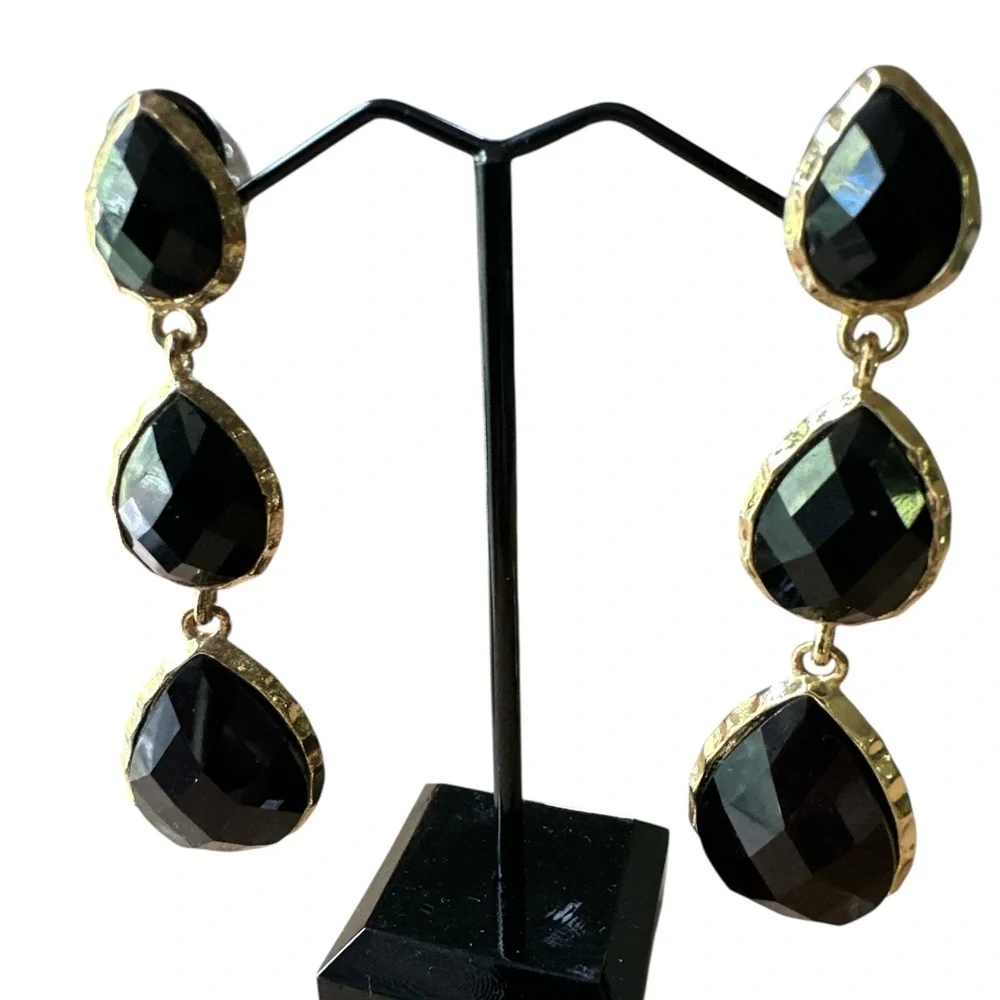 Amrita Singh Black Triple-Drop Earrings – Bold Glam Faceted Statement Chic NWOT